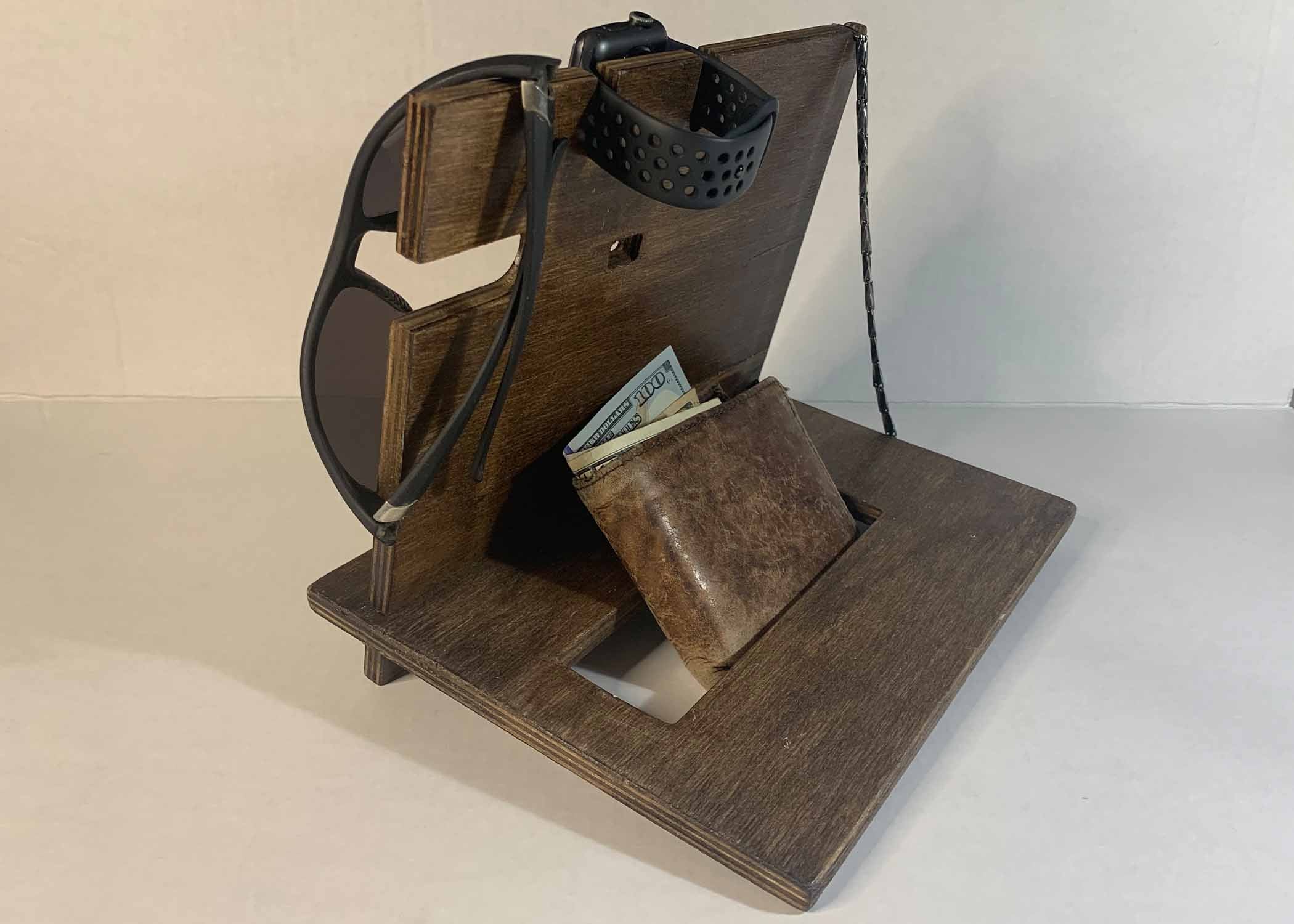 Mystic Ties Wood Docking Station Cell Phone Smartwatch, Earpod Charging Nightstand